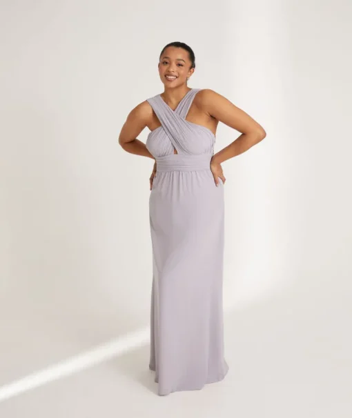 Cross Neck Pleated Waist Chiffon Bridesmaid Dress - Dusty Lilac