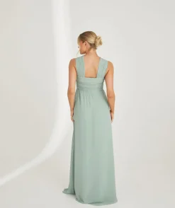 Cross Neck Pleated Waist Chiffon Bridesmaid Dress - Sage