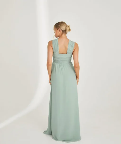 Cross Neck Pleated Waist Chiffon Bridesmaid Dress - Sage