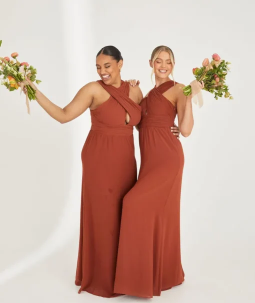 Cross Neck Pleated Waist Chiffon Bridesmaid Dress - Rust