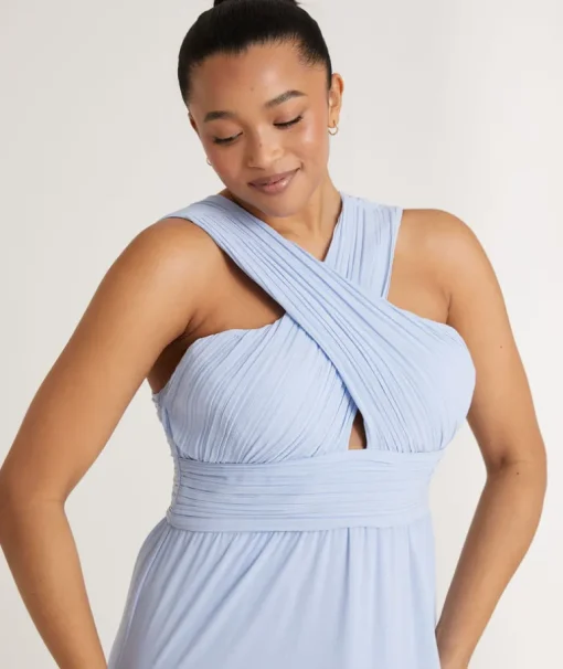 Cross Neck Pleated Waist Chiffon Bridesmaid Dress - Cornflower Blue
