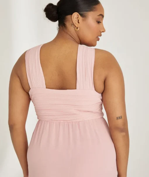 Cross Neck Pleated Waist Chiffon Bridesmaid Dress - Peony Pink