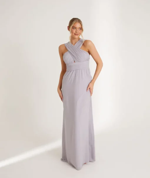 Cross Neck Pleated Waist Chiffon Bridesmaid Dress - Dusty Lilac
