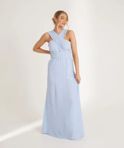 Cross Neck Pleated Waist Chiffon Bridesmaid Dress - Cornflower Blue