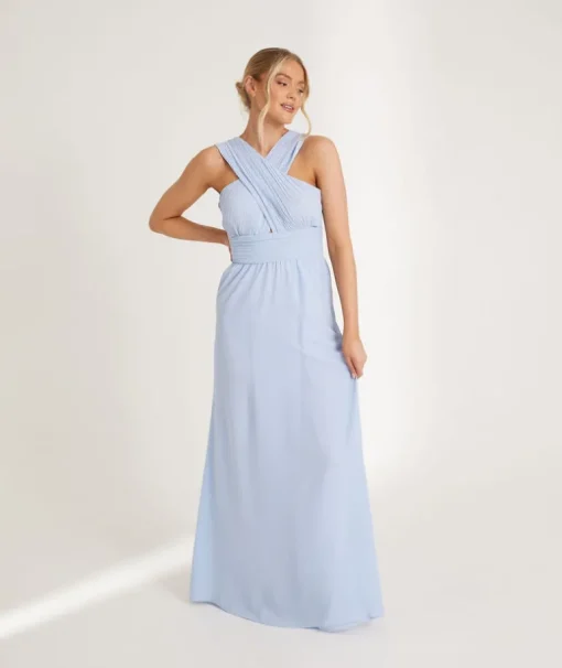Cross Neck Pleated Waist Chiffon Bridesmaid Dress - Cornflower Blue