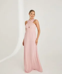 Cross Neck Pleated Waist Chiffon Bridesmaid Dress - Peony Pink