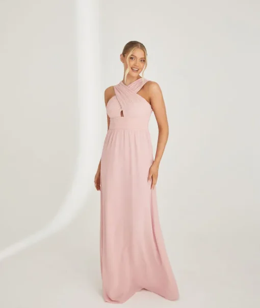 Cross Neck Pleated Waist Chiffon Bridesmaid Dress - Peony Pink