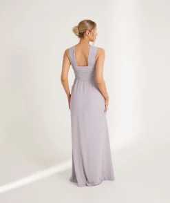 Cross Neck Pleated Waist Chiffon Bridesmaid Dress - Dusty Lilac