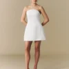 Curved Bandeau Structured Satin Mini Dress - White