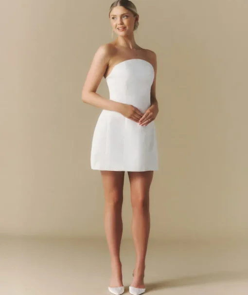 Curved Bandeau Structured Satin Mini Dress - White