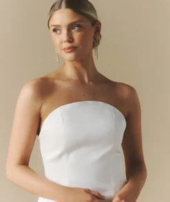 Curved Bandeau Structured Satin Mini Dress - White