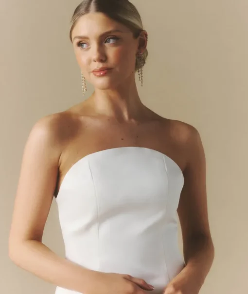 Curved Bandeau Structured Satin Mini Dress - White