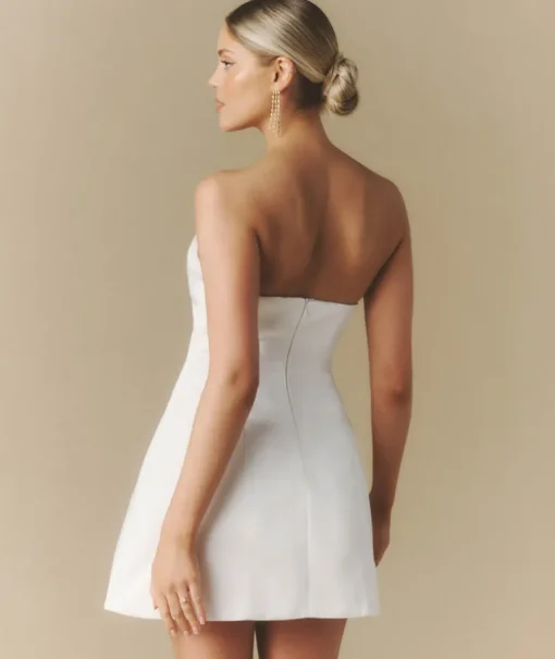 Curved Bandeau Structured Satin Mini Dress - White