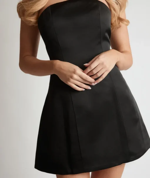 Curved Bandeau Structured Satin Mini Dress - Black