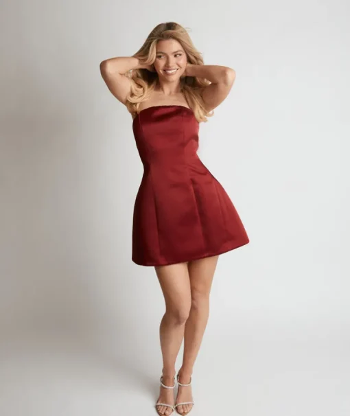 Curved Bandeau Structured Satin Mini Dress - Ruby