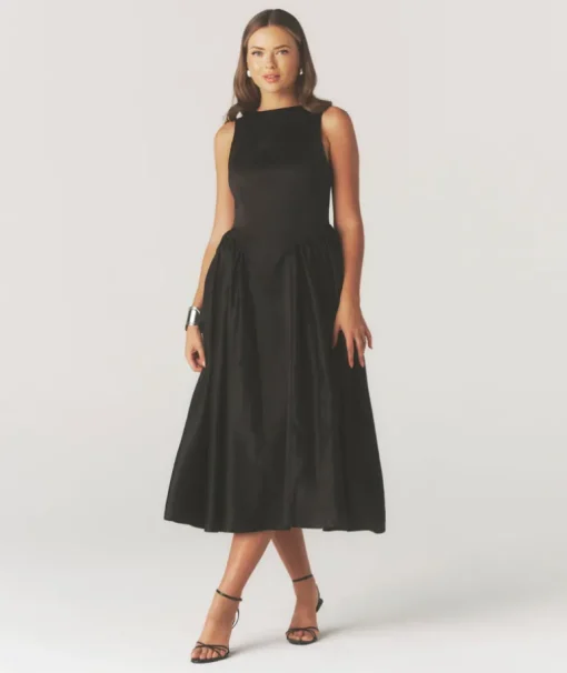 Drop Waist Midi Dress with Volume Skirt - Black