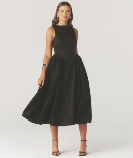 Drop Waist Midi Dress with Volume Skirt - Black