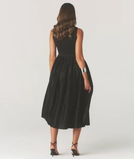 Drop Waist Midi Dress with Volume Skirt - Black