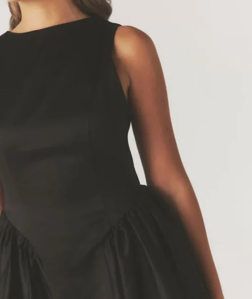 Drop Waist Midi Dress with Volume Skirt - Black