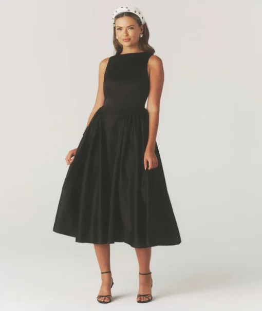 Drop Waist Midi Dress with Volume Skirt - Black