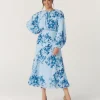 Floral Balloon Sleeve Maxi Dress - Pale Blue