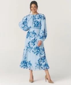 Floral Balloon Sleeve Maxi Dress - Pale Blue