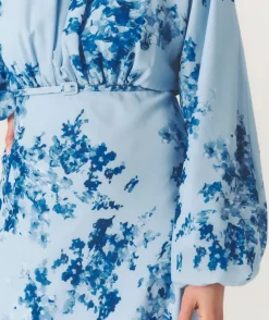 Floral Balloon Sleeve Maxi Dress - Pale Blue