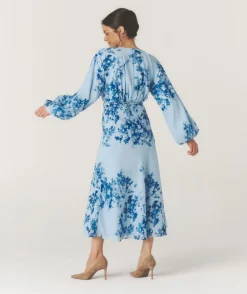 Floral Balloon Sleeve Maxi Dress - Pale Blue