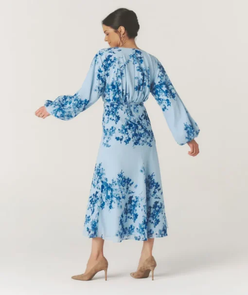 Floral Balloon Sleeve Maxi Dress - Pale Blue
