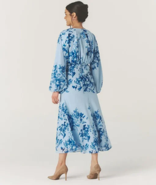 Floral Balloon Sleeve Maxi Dress - Pale Blue