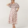 Floral Pleat Detail Midi Dress - Pink
