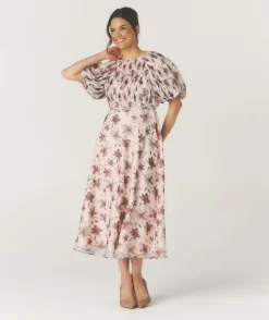 Floral Pleat Detail Midi Dress - Pink