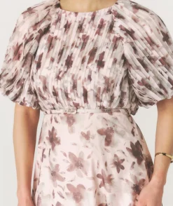 Floral Pleat Detail Midi Dress - Pink