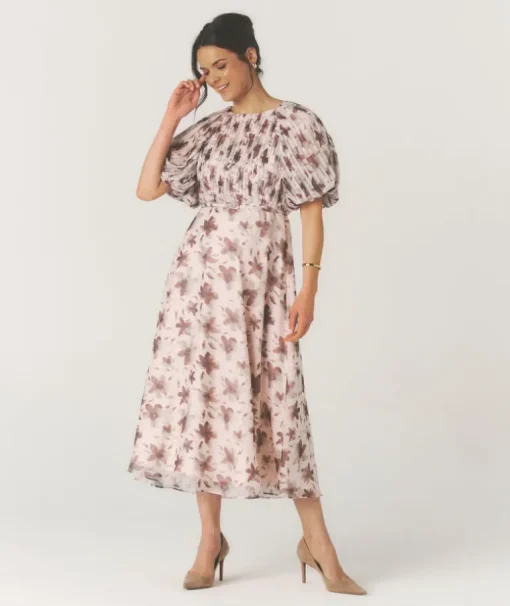Floral Pleat Detail Midi Dress - Pink