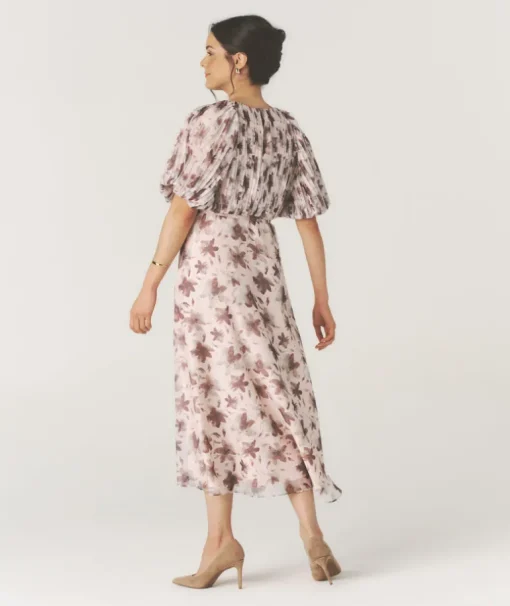 Floral Pleat Detail Midi Dress - Pink
