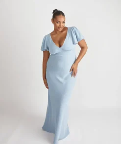 Flutter Sleeve Crepe Bridesmaid Dress - Pale Blue