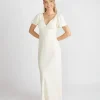 Flutter Sleeve Crepe Bridesmaid Dress - Almond