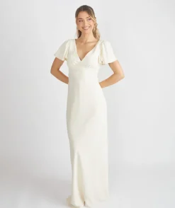 Flutter Sleeve Crepe Bridesmaid Dress - Almond