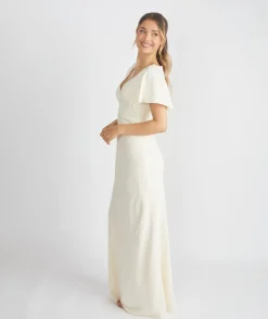 Flutter Sleeve Crepe Bridesmaid Dress - Almond
