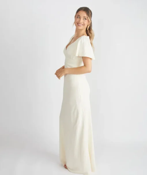 Flutter Sleeve Crepe Bridesmaid Dress - Almond