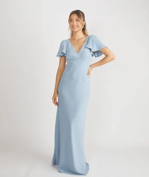 Flutter Sleeve Crepe Bridesmaid Dress - Pale Blue