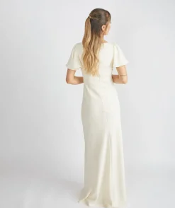 Flutter Sleeve Crepe Bridesmaid Dress - Almond