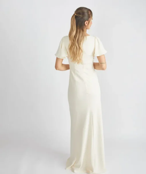 Flutter Sleeve Crepe Bridesmaid Dress - Almond