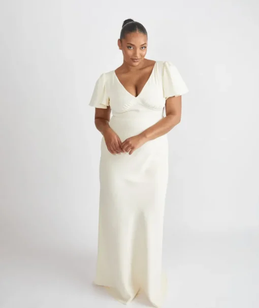 Flutter Sleeve Crepe Bridesmaid Dress - Almond
