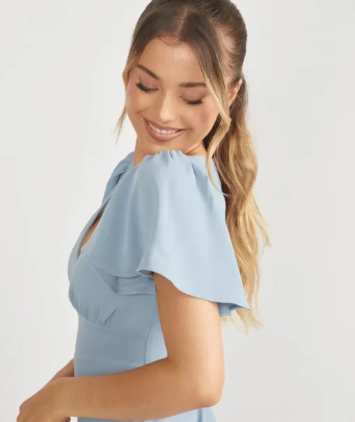 Flutter Sleeve Crepe Bridesmaid Dress - Pale Blue