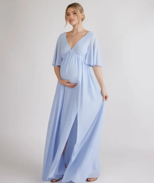 Flutter Sleeve Maternity Chiffon Bridesmaid Dress - Cornflower Blue