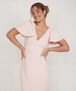 Flutter Sleeve V Neck Plunge Crepe Bridesmaid Dress - Blush