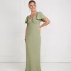 Flutter Sleeve V Neck Plunge Crepe Bridesmaid Dress - Sage