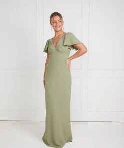 Flutter Sleeve V Neck Plunge Crepe Bridesmaid Dress - Sage