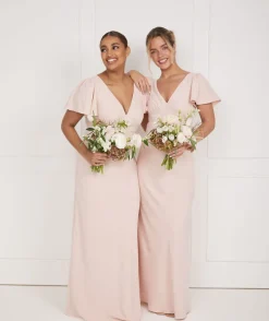 Flutter Sleeve V Neck Plunge Crepe Bridesmaid Dress - Blush